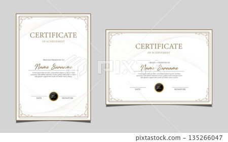 Elegant certificate of achievement set in vertical and horizontal layout, classic black and gold border design, professional award template for business, corporate, education and formal recognition. 135266047