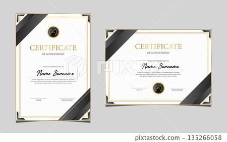 Elegant certificate of achievement set in vertical and horizontal layout, classic black and gold border design, professional award template for business, corporate, education and formal recognition. Elegant certificate of achievement set in vertical and horizontal layout, classic black and gold border design, professional award template for business, corporate, education and formal recognition. 135266058
