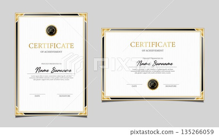 Elegant certificate of achievement set in vertical and horizontal layout, classic black and gold border design, professional award template for business, corporate, education and formal recognition. 135266059