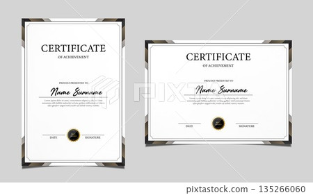 Elegant certificate of achievement set in vertical and horizontal layout, classic black and gold border design, professional award template for business, corporate, education and formal recognition. Elegant certificate of achievement set in vertical and horizontal layout, classic black and gold border design, professional award template for business, corporate, education and formal recognition. 135266060