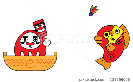 一幅可愛又吉祥的達摩和鯛魚的波普風格插畫。 135266096