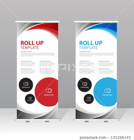 Modern roll up banner template set with red and blue abstract design, professional presentation stand for business, corporate marketing, exhibition, trade show and advertising display. 135266145