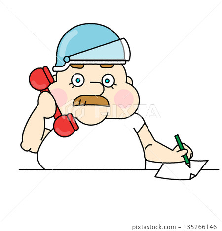 Character illustration of a pizza shop owner taking notes while on the phone 135266146