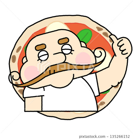 一幅圓形邊框風格的插圖，描繪了一位披薩店老闆自信地站在披薩裡擺姿勢。 135266152