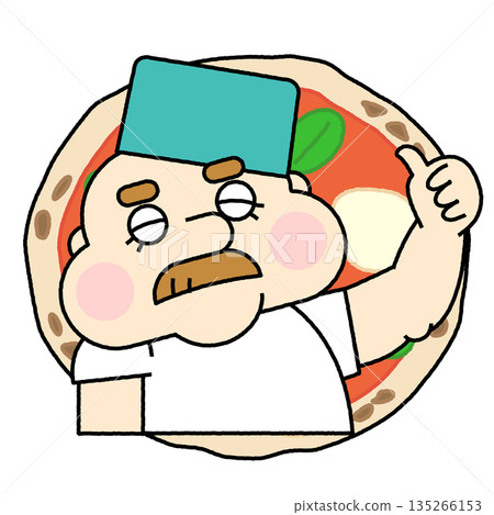 一幅圓形邊框風格的人物插畫，描繪了一位披薩店老闆從披薩中獲得靈感的情景。 135266153