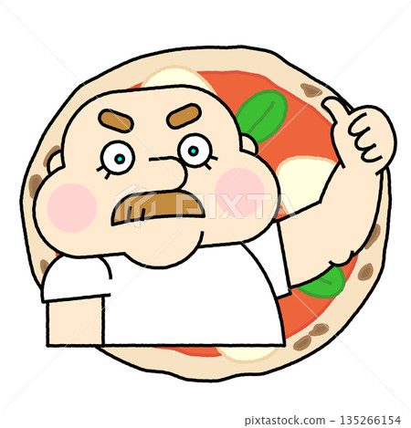 一幅圓形邊框風格的人物插畫,描繪了一位披薩店老闆神情堅定地站在披薩裡。 一幅圓形邊框風格的人物插畫,描繪了一位披薩店老闆神情堅定地站在披薩裡。 135266154