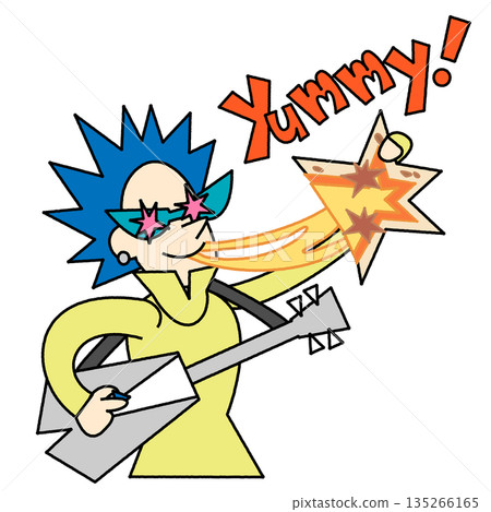 一幅流行幽默的插畫，描繪了一個沉迷於披薩的搖滾風格人物。 135266165