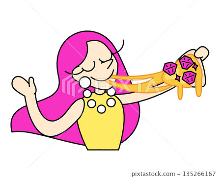 一位時尚流行風格的女性角色插畫，她正開心地吃著融化的披薩。 135266167
