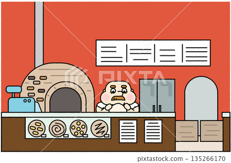 一幅簡潔明快的插圖，描繪了石爐披薩店的櫃檯和內部環境。 135266170