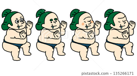一系列滑稽的插圖，描繪了相撲選手並排做相同動作的場景。 135266171