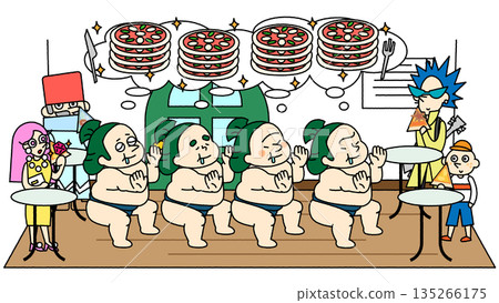 一幅滑稽的插圖，描繪了一家餐廳裡擠滿了形形色色的顧客，他們都在夢想著吃披薩。 135266175