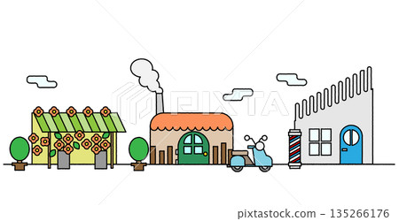一幅流行且簡潔的街景背景插圖,描繪了成排的商業街建築。 一幅流行且簡潔的街景背景插圖,描繪了成排的商業街建築。 135266176