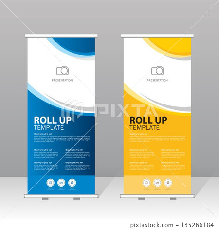 Modern roll up banner template set with blue and yellow abstract design, professional presentation stand for business, corporate marketing, exhibition, trade show and advertising display. Modern roll up banner template set with blue and yellow abstract design, professional presentation stand for business, corporate marketing, exhibition, trade show and advertising display. 135266184