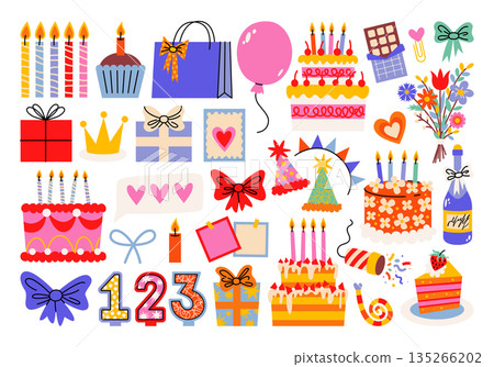 Birthday party elements in doodle style, balloons, gifts, cakes, candles, gift boxes, bows, confetti. Flat cartoon illustrations for decorating parties, gifts, greetings, birthday, festival, carnival. Birthday party elements in doodle style, balloons, gifts, cakes, candles, gift boxes, bows, confetti. Flat cartoon illustrations for decorating parties, gifts, greetings, birthday, festival, carnival. 135266202