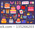 Birthday party elements in doodle style, balloons, gifts, cakes, candles, gift boxes, bows, confetti. Flat cartoon illustrations for decorating parties, gifts, greetings, birthday, festival, carnival. 135266203