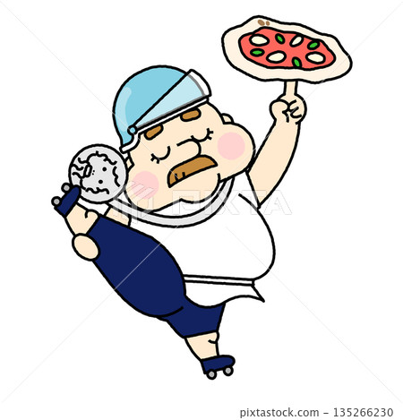 一幅滑稽的插圖，描繪了一位披薩師傅努力保持平衡的場景。 135266230
