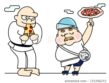 A comical illustration of a grateful person handing over a pizza A comical illustration of a grateful person handing over a pizza 135266253