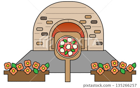 一幅簡潔的流行插畫，描繪了披薩在石爐中烘烤的正面景象。 135266257