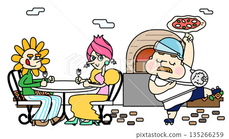 一幅生動的插圖,描繪了一家石爐披薩餐廳的露台座位和工匠的表演。 一幅生動的插圖,描繪了一家石爐披薩餐廳的露台座位和工匠的表演。 135266259