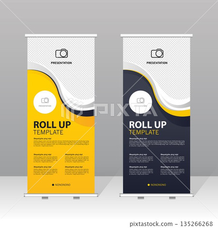 Modern roll up banner template set with black and yellow abstract design, professional presentation stand for business, corporate marketing, exhibition, trade show and advertising display. 135266268