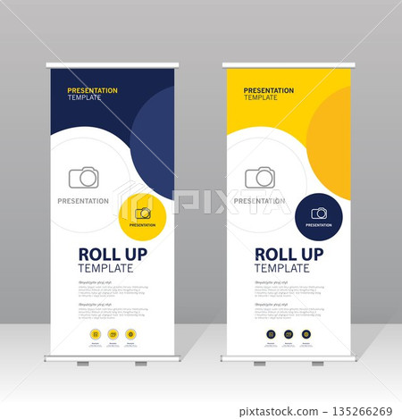 Modern roll up banner template set with black and yellow abstract design, professional presentation stand for business, corporate marketing, exhibition, trade show and advertising display. 135266269