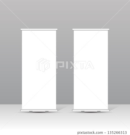 Blank roll up banner stand mockup set with clean white background, minimal vertical display for business, corporate marketing, exhibition, trade show and advertising presentation. Blank roll up banner stand mockup set with clean white background, minimal vertical display for business, corporate marketing, exhibition, trade show and advertising presentation. 135266313
