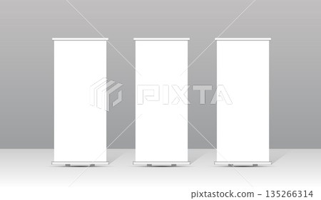 Blank roll up banner stand mockup set with clean white background, minimal vertical display for business, corporate marketing, exhibition, trade show and advertising presentation. 135266314