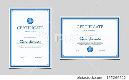 Elegant certificate of achievement set in vertical and horizontal layout, classic blue and gold border design, professional award template for business, corporate, education and formal recognition. 135266322