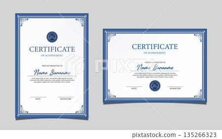 Elegant certificate of achievement set in vertical and horizontal layout, classic blue and gold border design, professional award template for business, corporate, education and formal recognition. 135266323