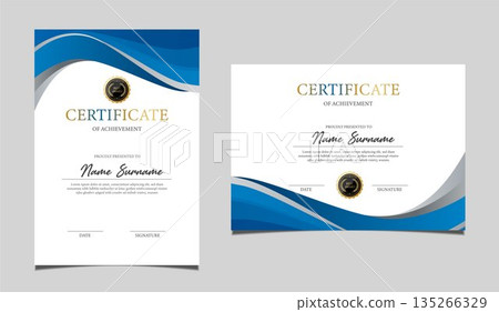 Elegant certificate of achievement set in vertical and horizontal layout, classic blue and gold border design, professional award template for business, corporate, education and formal recognition. Elegant certificate of achievement set in vertical and horizontal layout, classic blue and gold border design, professional award template for business, corporate, education and formal recognition. 135266329