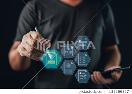 A person uses a stylus and smartphone to interact with floating digital documents, highlighting one with a checkmark, symbolizing digital forms, approval, automation, and smart document processing. A person uses a stylus and smartphone to interact with floating digital documents, highlighting one with a checkmark, symbolizing digital forms, approval, automation, and smart document processing. 135266537