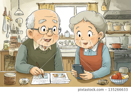 Illustration of a middle-aged couple being assisted in shopping with AI smart glasses | Dementia prevention and lifestyle support 135266633
