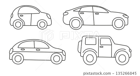 Black and white cars in childlike naive style, vector flat cartoon illustration for coloring activities. Cute passenger vehicles set, jeep, sedan and compact city car for kids education, coloring book 135266845