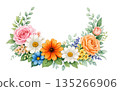 watercolor wreath with colorful flowers and leaves 135266906