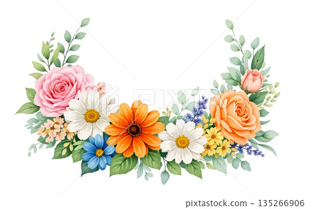 watercolor wreath with colorful flowers and leaves watercolor wreath with colorful flowers and leaves 135266906