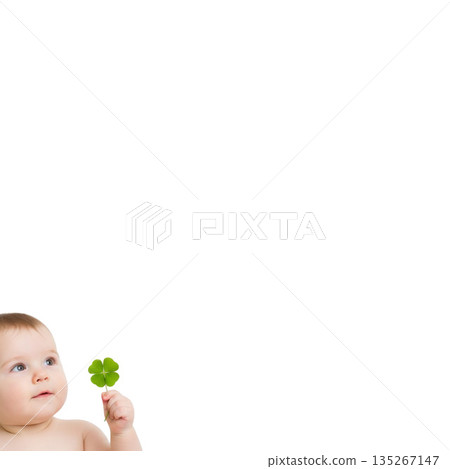 可愛的寶寶拿著一株四葉草 135267147