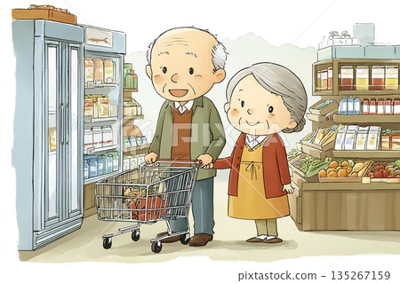 一對和藹可親的老夫婦在超市購物 | 老年人享受著他們的日常生活 一對和藹可親的老夫婦在超市購物 | 老年人享受著他們的日常生活 135267159
