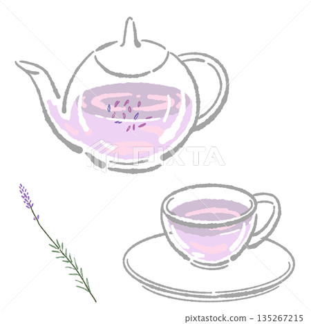 手繪玻璃花草茶具套裝插圖（薰衣草茶壺和茶杯） 135267215