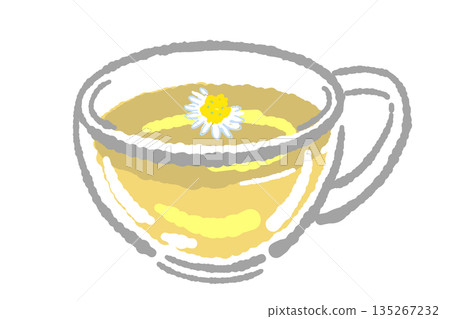 手繪玻璃花草茶具套裝插圖（洋甘菊茶壺和茶杯） 135267232