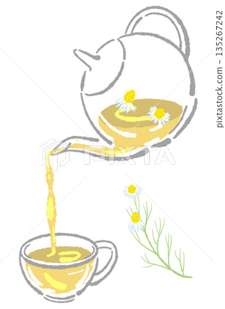 Hand-drawn glass herbal tea set illustration (chamomile teapot and cups) 135267242