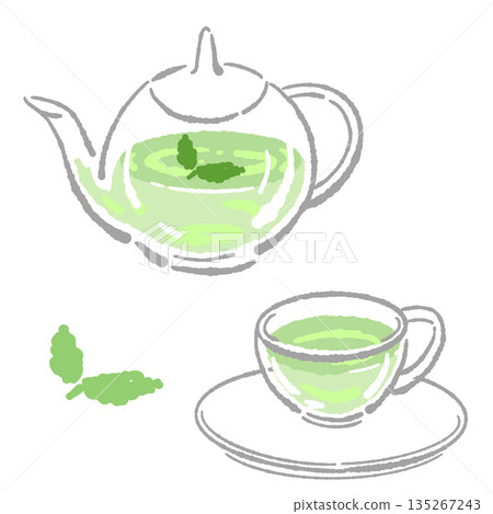 Hand-drawn illustration of a glass herbal tea set (mint teapot and cups) 135267243