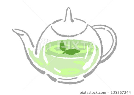 手繪玻璃花草茶具套裝插圖(薄荷茶壺和茶杯) 手繪玻璃花草茶具套裝插圖(薄荷茶壺和茶杯) 135267244