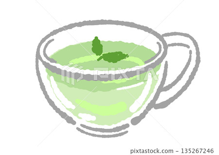 Hand-drawn illustration of a glass herbal tea set (mint teapot and cups) 135267246