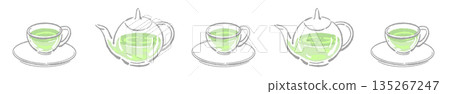 Hand-drawn illustration of a glass herbal tea set (mint teapot and cups) Hand-drawn illustration of a glass herbal tea set (mint teapot and cups) 135267247