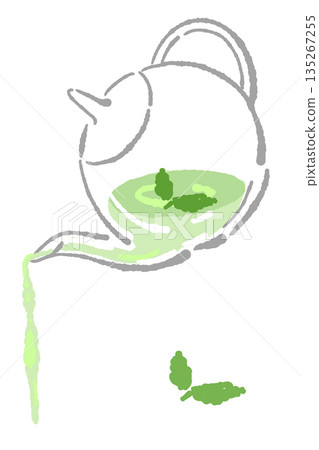 Hand-drawn illustration of a glass herbal tea set (mint teapot and cups) 135267255