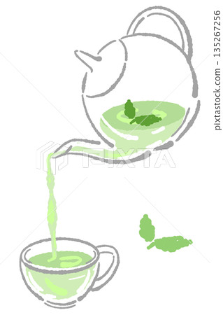 手繪玻璃花草茶具套裝插圖（薄荷茶壺和茶杯） 135267256
