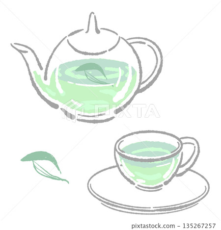 手繪玻璃花草茶具套裝插圖（鼠尾草茶壺和茶杯） 135267257