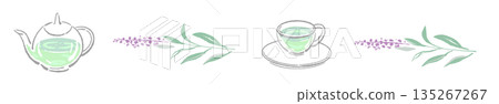 Hand-drawn glass herbal tea set illustration (sage teapot and cups) 135267267