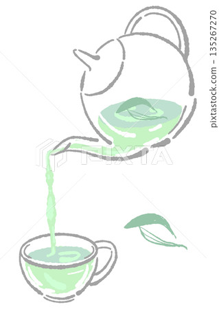 手繪玻璃花草茶具套裝插圖(鼠尾草茶壺和茶杯) 手繪玻璃花草茶具套裝插圖(鼠尾草茶壺和茶杯) 135267270