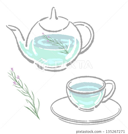 Hand-drawn illustration of a glass herbal tea set (rosemary teapot and cups) 135267271